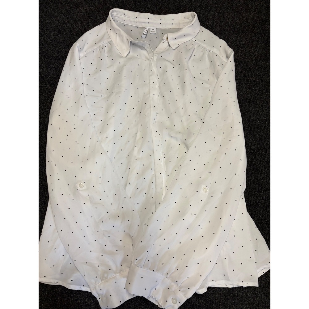 Elle White Black Polka Dot Roll Tab Sleeve Button Down Blouse XXL